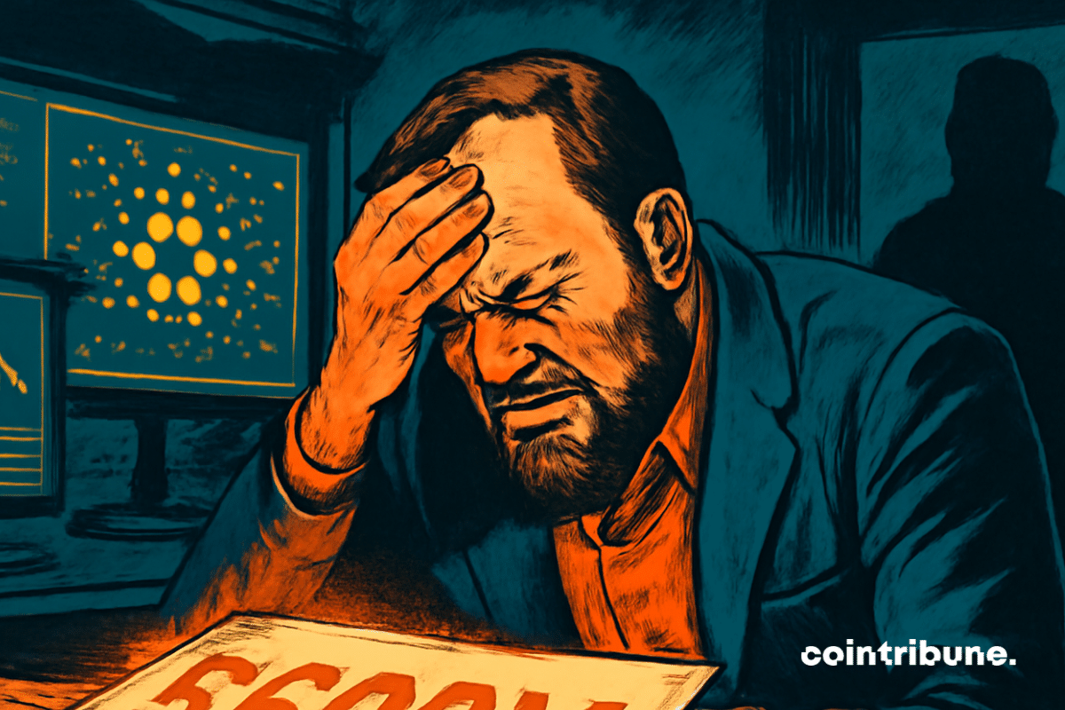 A imagem mostra um homem na criptoesfera com um rosto marcado pela dor moral, sentado em uma mesa escura.
