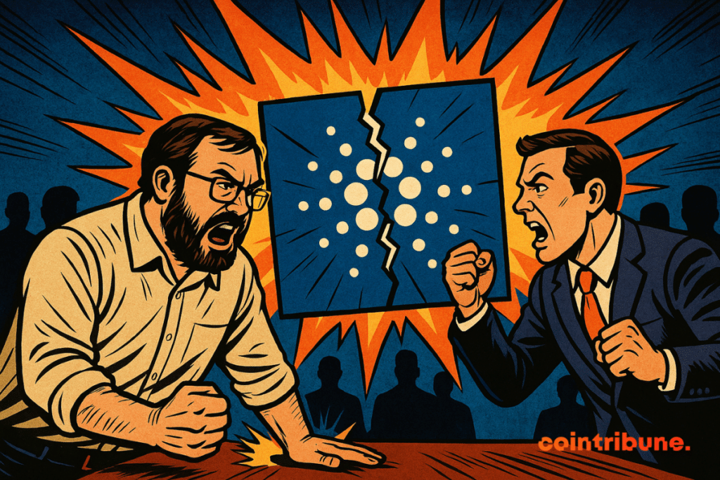 Dois homens discutindo com um logotipo da Cardano rachado entre eles.