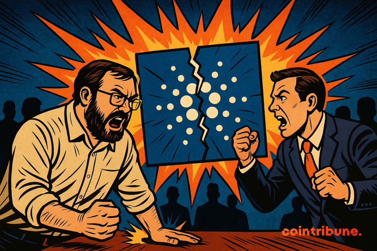 Dois homens discutindo com um logotipo da Cardano rachado entre eles.