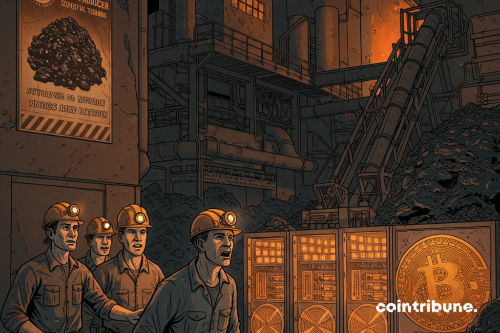 Ilustração de mineradores descobrindo uma operação secreta de mineração de bitcoin em uma mina de carvão ativa.