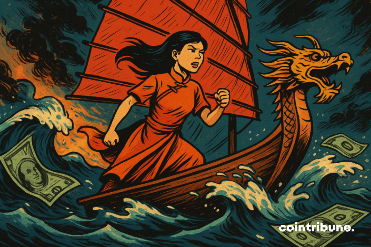 Ilustração de uma jovem asiática a desafiar um mar agitado de notas de dólar, na proa de um navio dragão — um símbolo de uma economia asiática em ascensão.