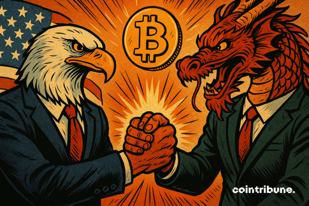 Águia americana e dragão chinês apertam as mãos, Bitcoin brilhando, simbolizando otimismo em relação às criptomoedas.