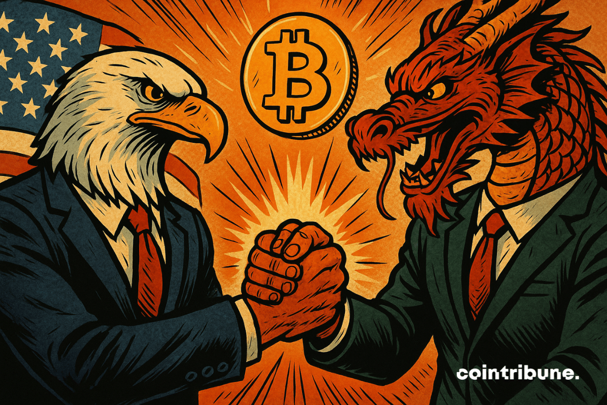 Águia americana e dragão chinês apertam as mãos, Bitcoin brilhando, simbolizando otimismo em relação às criptomoedas.