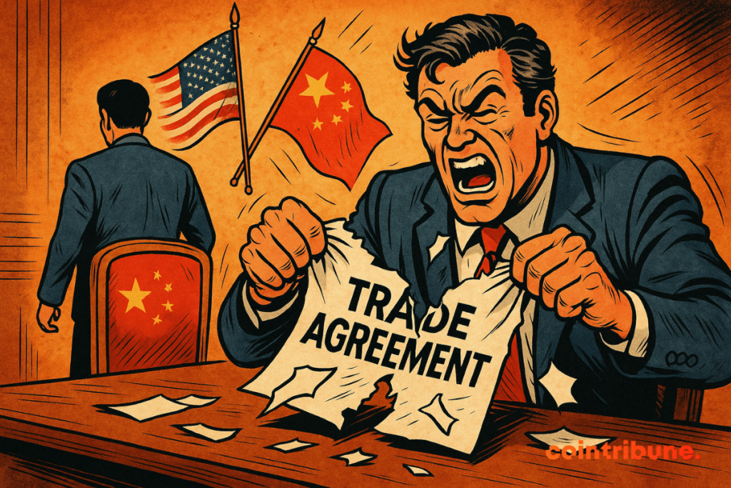 Ilustración de un diplomático furioso rompiendo un contrato titulado «ACUERDO COMERCIAL» delante de un representante chino.