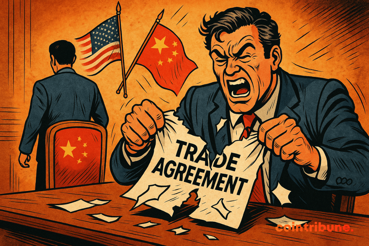 Ilustração de um diplomata furioso rasgando um contrato intitulado “ACORDO COMERCIAL” na frente de um representante chinês.
