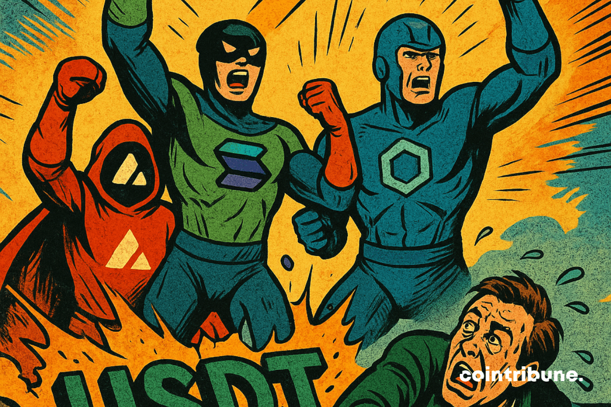 A ilustração de três super-heróis encarnando Solana, Avalanche e Chainlink surgiu com o poder do sol rachado marcado como "USDT.