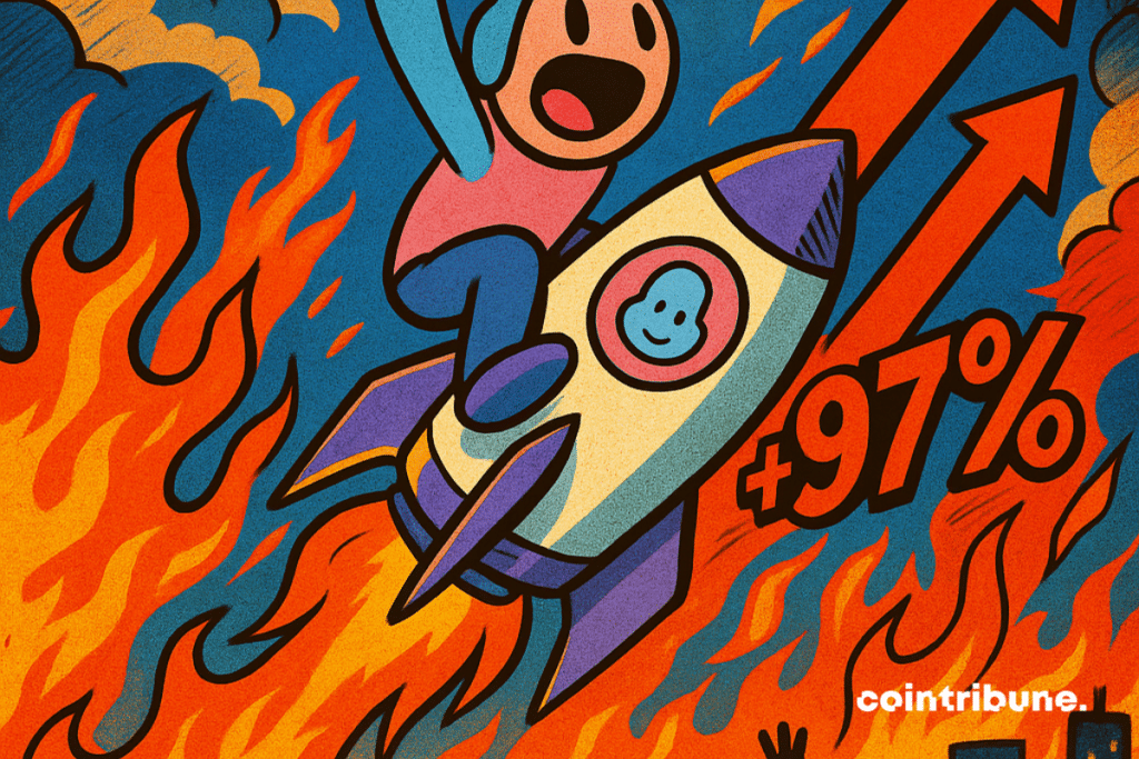 Um personagem Doodle eufórico voa agarrado a um foguete em chamas marcado com "+97%".