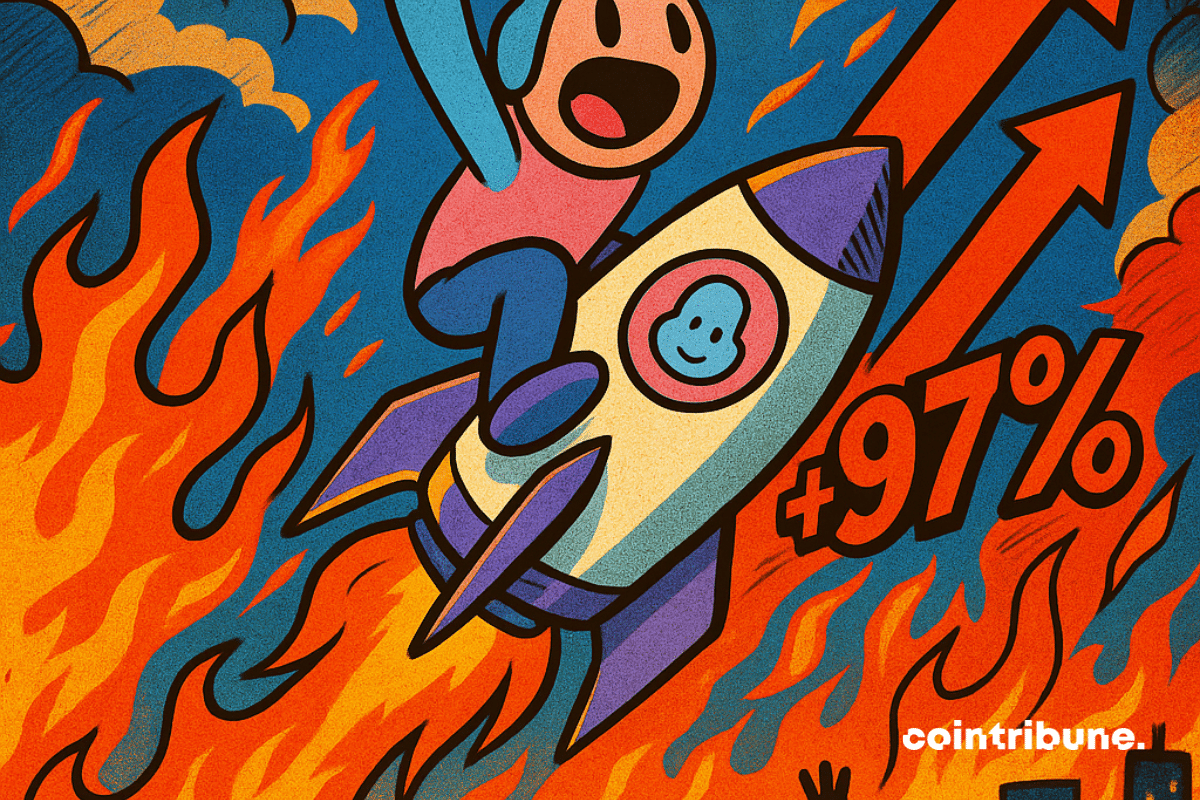 A euphoric Doodle character flies away clinging to a flaming rocket marked "+97%".