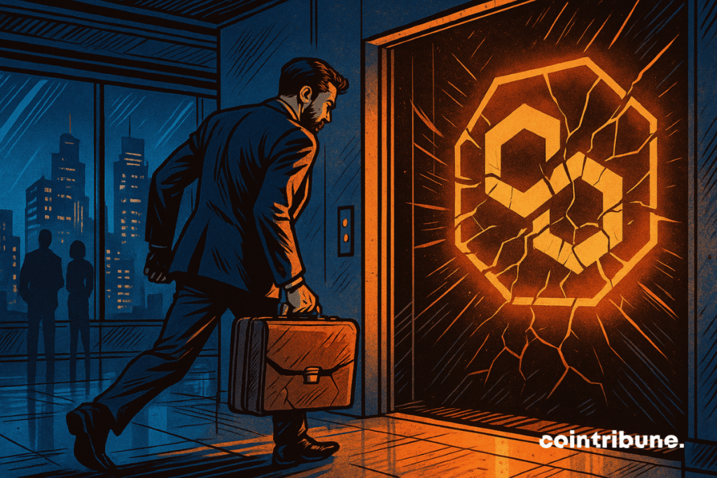 Illustration de Mihailo Bjelic s'apprêtant à traverser une porte au logo de Polygon fracassée