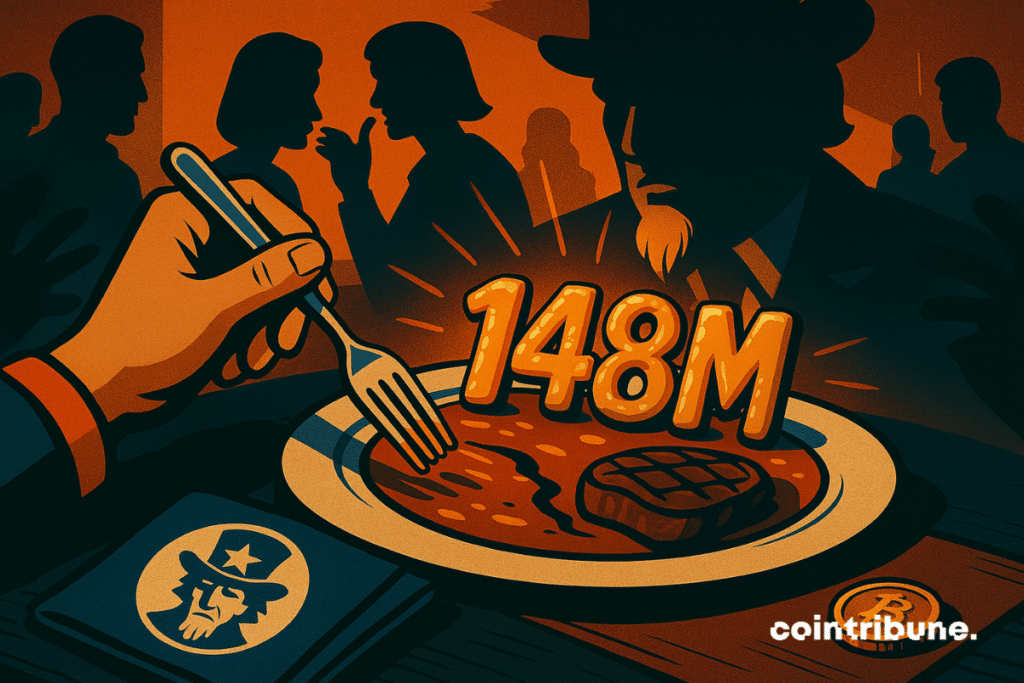 Ilustração de um prato com US$ 148 milhões escrito nele, com sombras do presidente e seus convidados