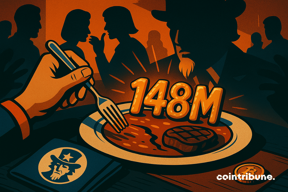 Ilustração de um prato com US$ 148 milhões escrito nele, com sombras do presidente e seus convidados