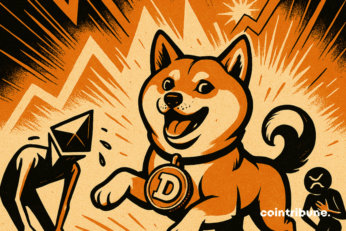 Cachorro Shiba inu em frente a antropomorfos com cabeças com os logotipos da XRP e da Ethereum