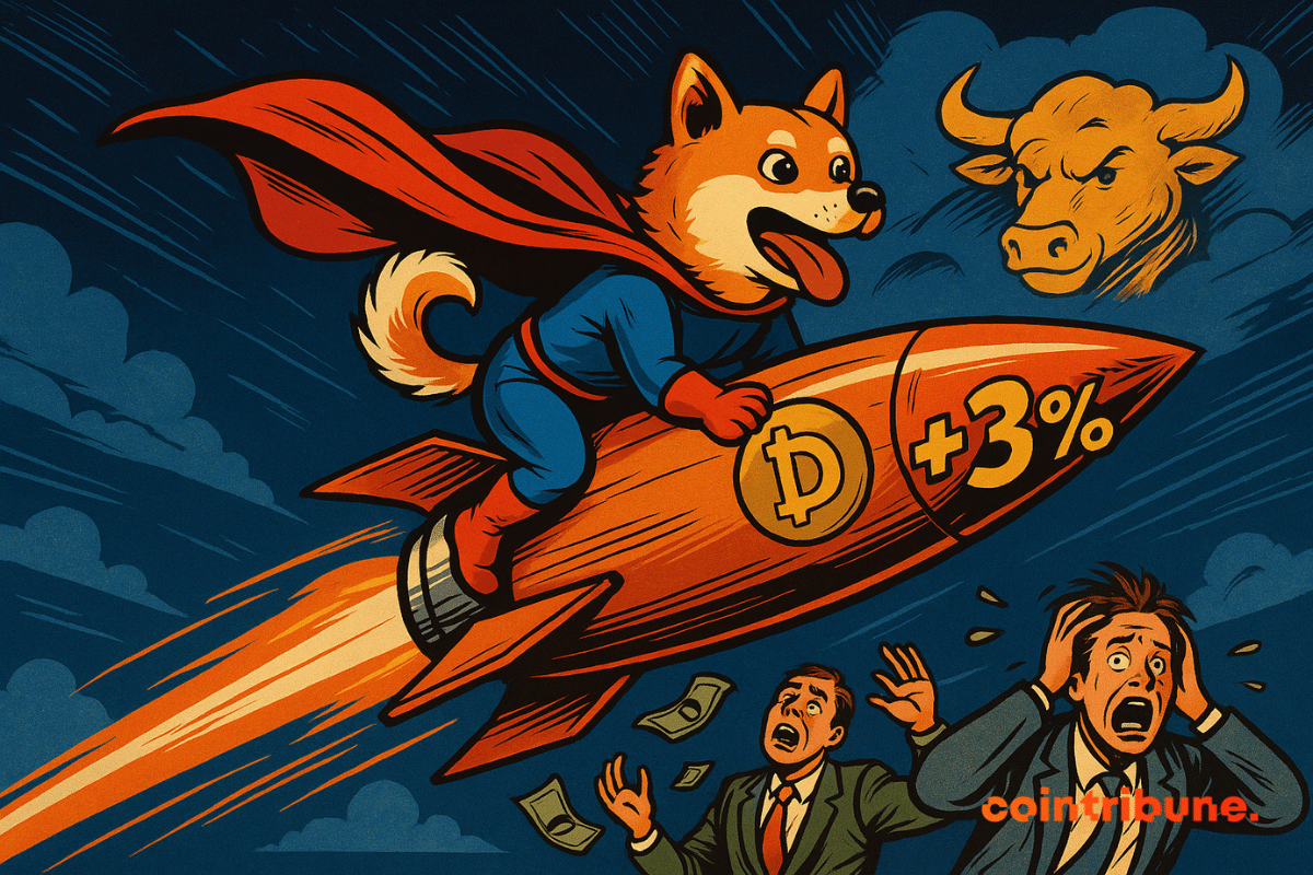 Um Shiba Inu de desenho animado em uma fantasia de super-herói voa em um foguete com o logotipo "+3%" e o logotipo da Dogecoin, voando pelo céu enquanto comerciantes em pânico assistem de baixo. Um símbolo de alta aparece nas nuvens.