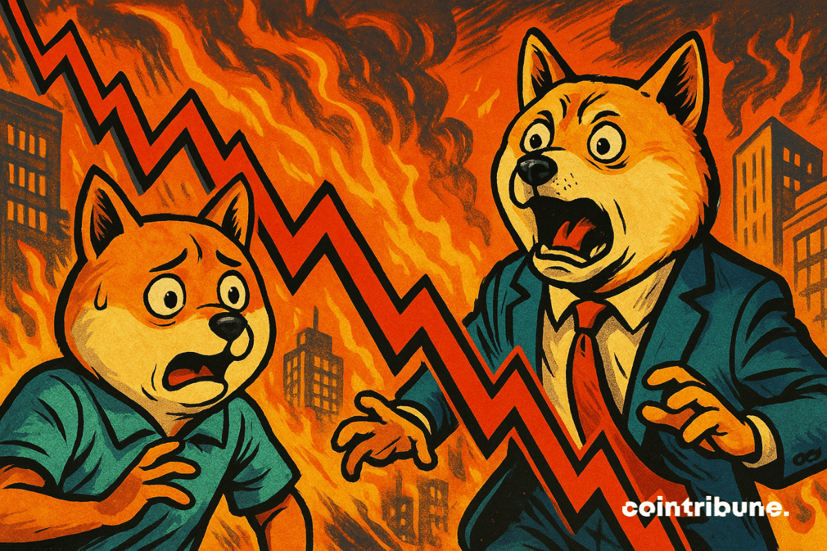 Ilustración de las criptomonedas Dogecoin y Shiba Inu reaccionando con espanto a una curva roja descendente.