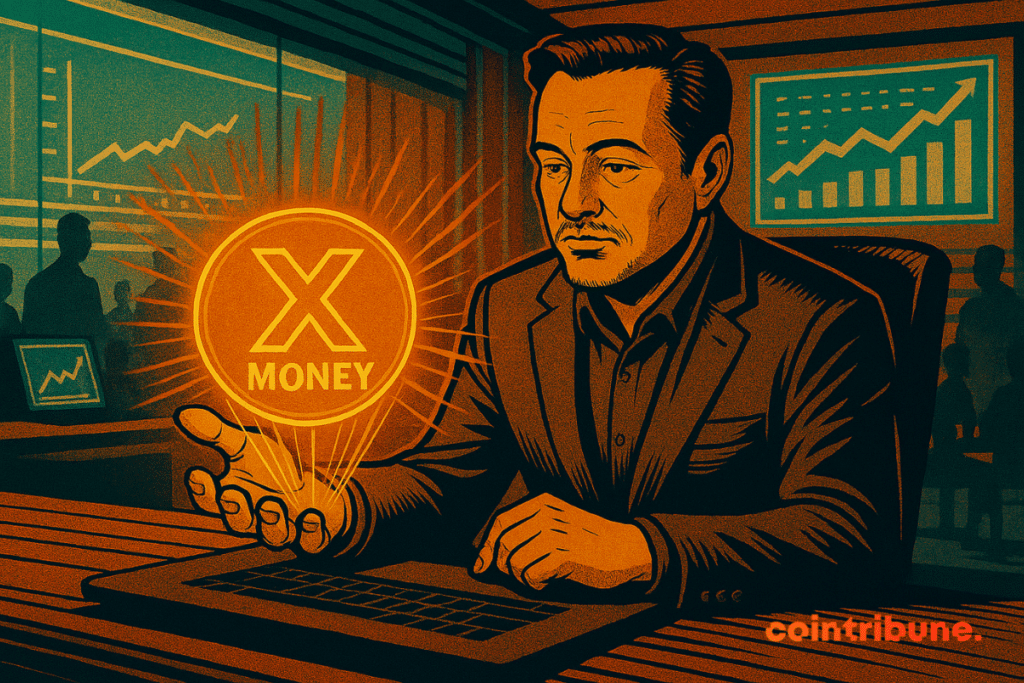 Ilustración de Elon Musk en un despacho con un holograma de X Money en la mano