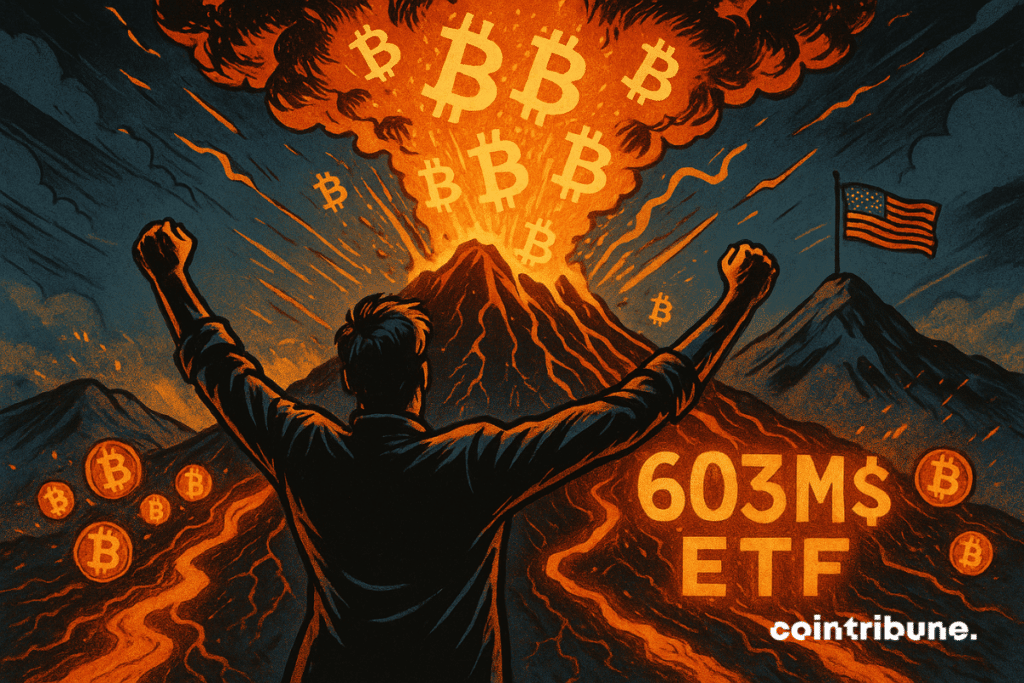 Persona que contempla la erupción de un volcán de butcoin con una cifra récord de ETF de 603 millones de dólares