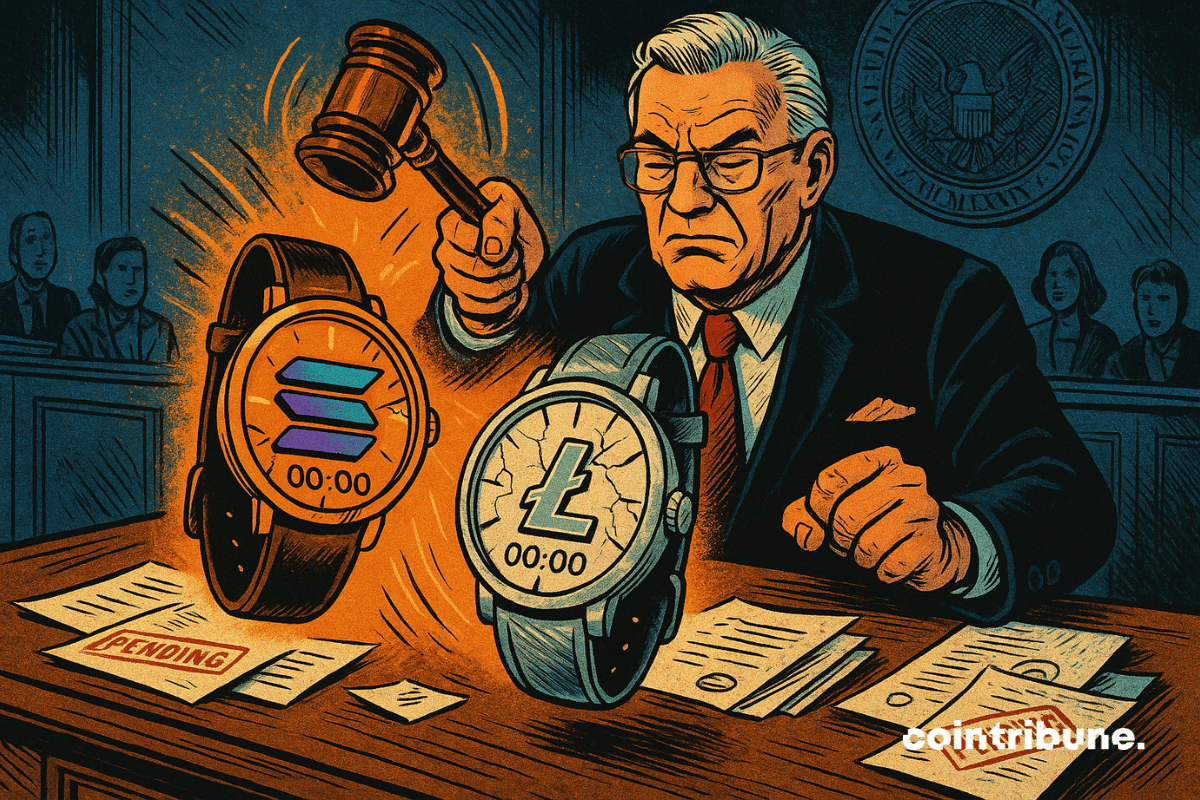 A courtroom frozen in time, symbolizing the SEC’s postponed decisions on Solana and Litecoin crypto ETFs.