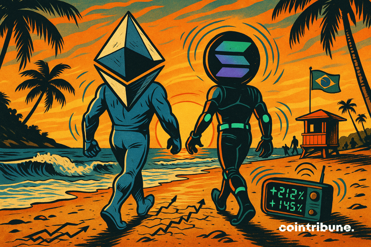 Duas figuras criptográficas caminhando na praia