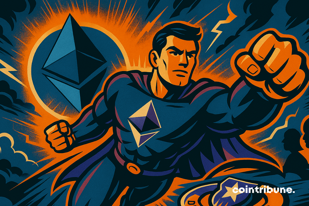 Super-herói alçando voo com um sol e o logotipo do Ethereum como pano de fundo