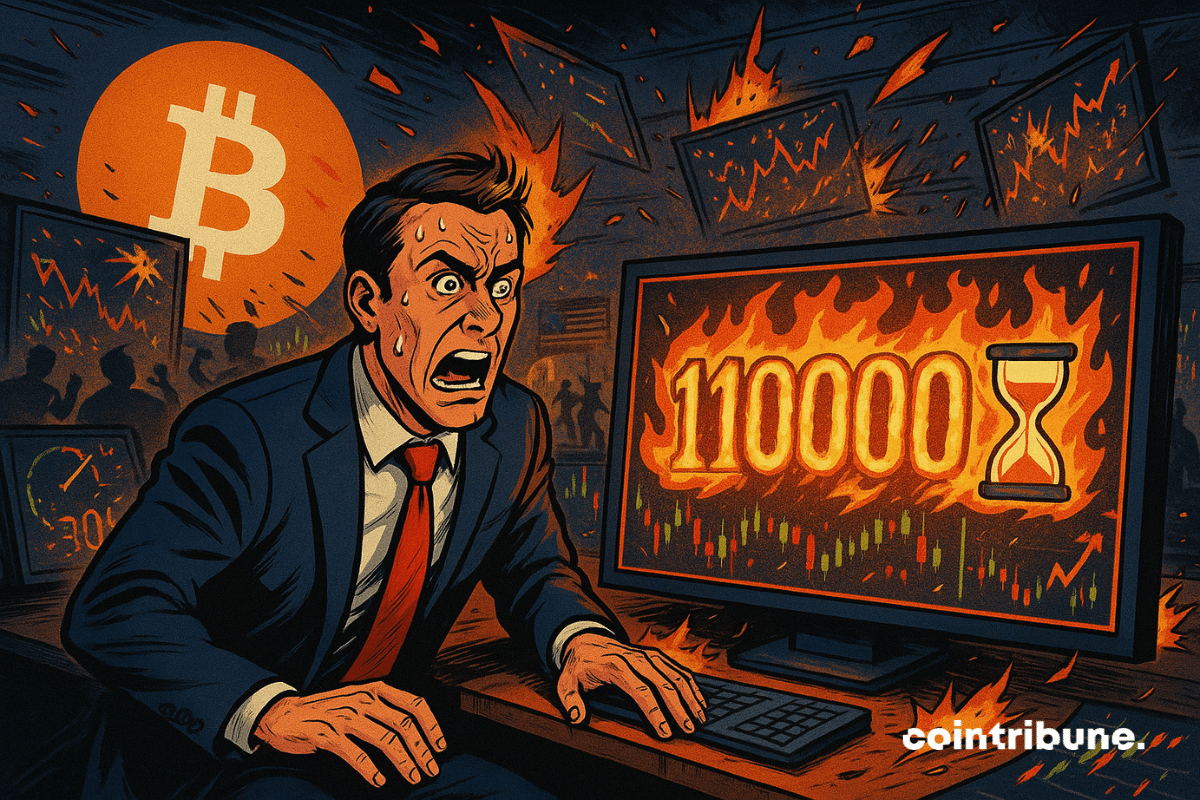 Negociador de Bitcoin em pânico enquanto observa uma tela mostrando o preço em US$ 110.000