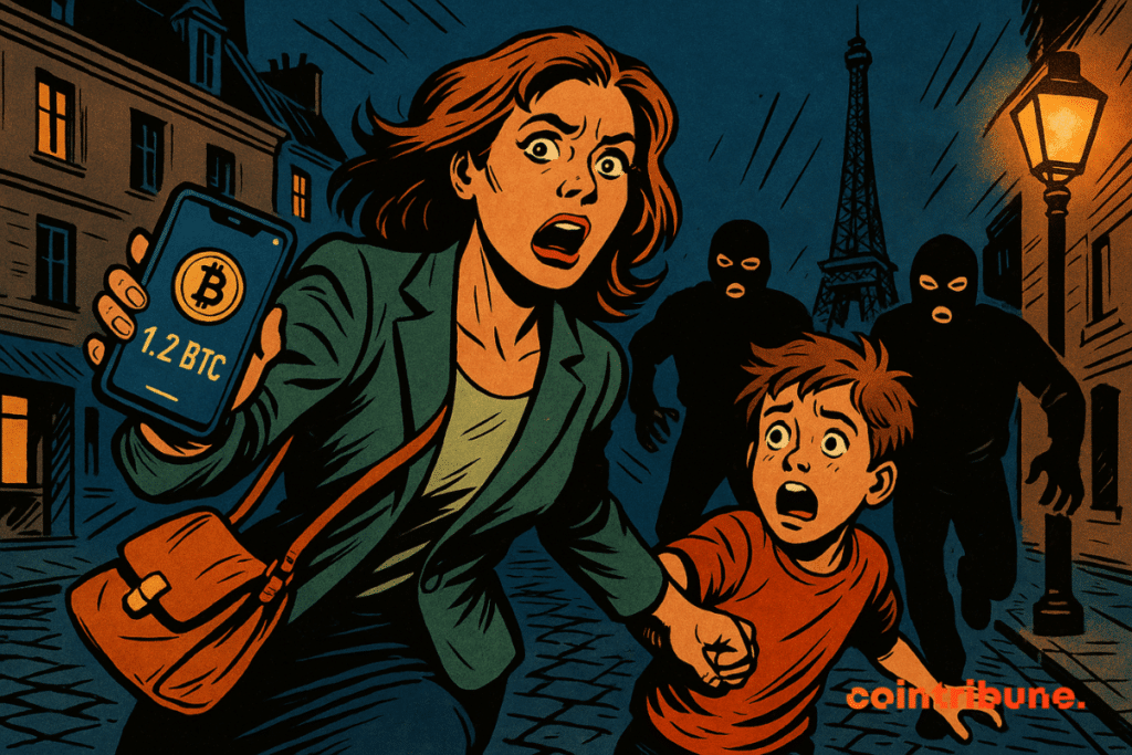 Une femme possédant les cryptos fuit en tenant la main d’un jeune garçon paniqué dans une rue.