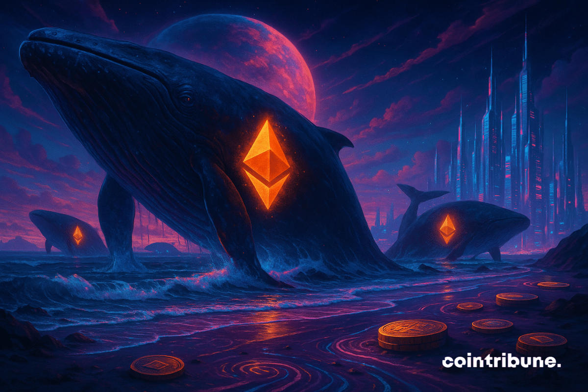 Ilustração de três baleias marcadas com o logotipo da criptografia Ethereum.