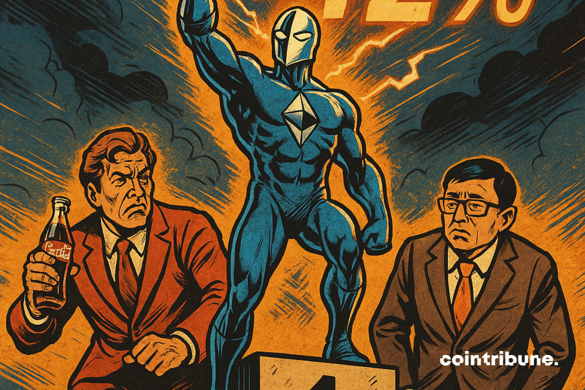 Ilustração de um super-herói representando a criptomoeda Ethereum triunfando no primeiro lugar do pódio à frente de Alibaba e Coca-Cola.