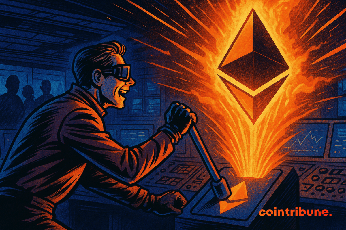 Ilustração de uma pessoa segurando uma alavanca gigante com o logotipo do Ethereum nela,