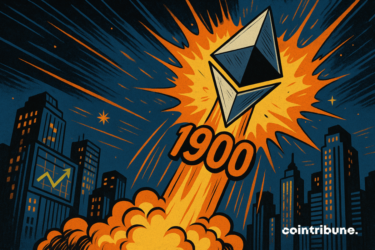 Um foguete de criptografia no formato do logotipo da Ethereum sobrevoa a cidade, deixando “1900” em seu rastro.