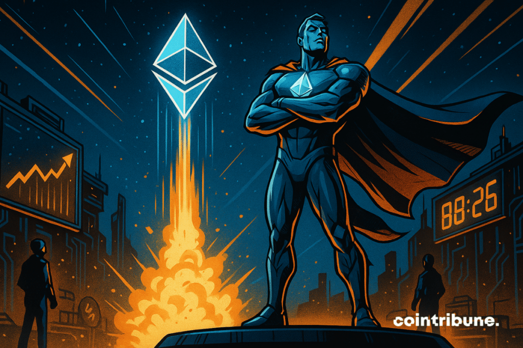 The Ethereum cryptocurrency personified as a tech superhero levitating above a launch pad.