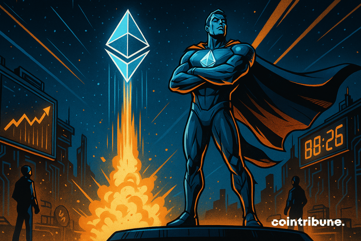 A criptomoeda Ethereum personificada como um super-herói tecnológico levitando sobre uma plataforma de lançamento.