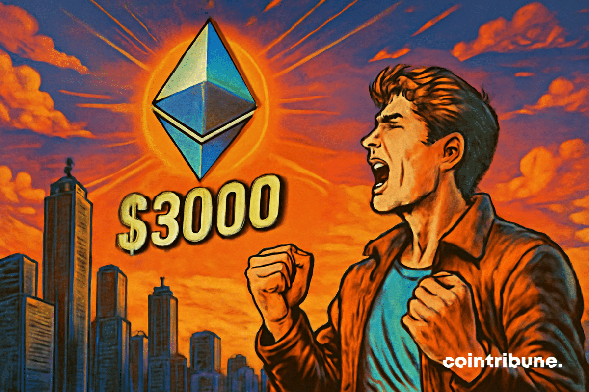 Ilustración de un hombre gritando de alegría ante el logotipo de la criptomoneda Ethereum y el número "$3000".
