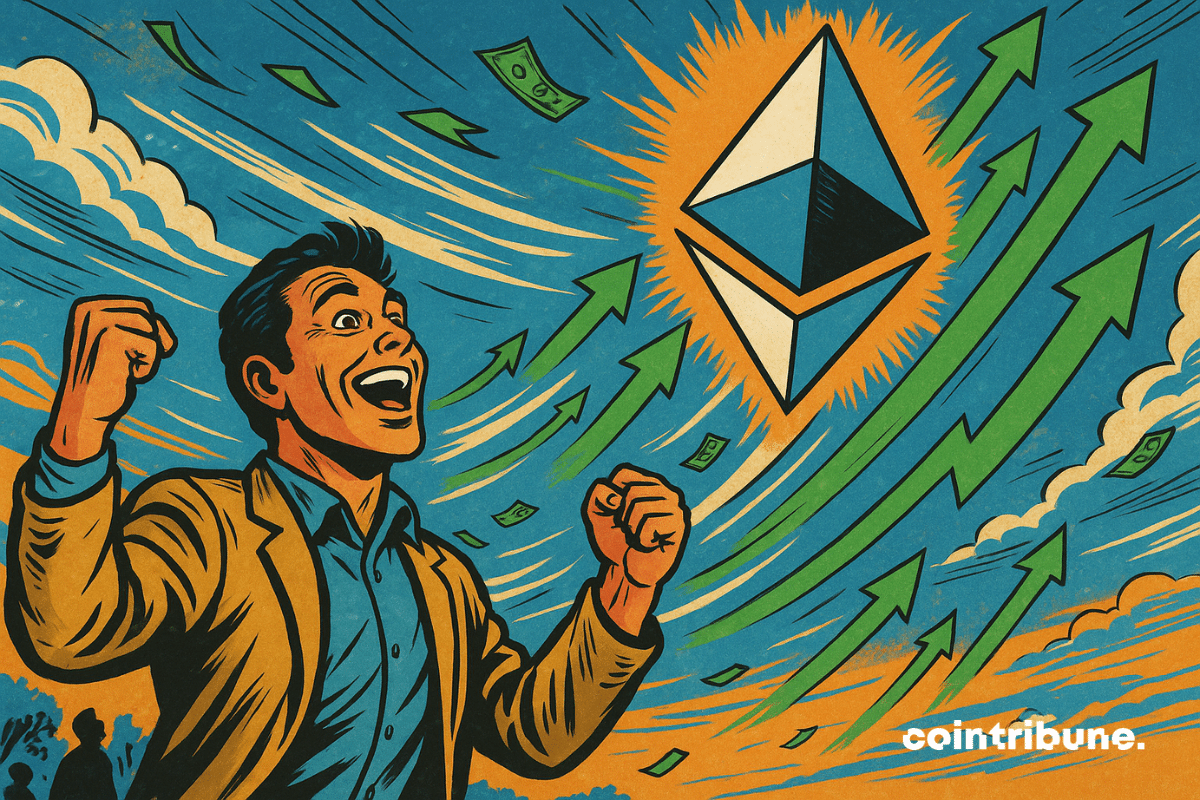 ilustração de um homem eufórico levantando os braços sob um céu rodopiante, enquanto um gigantesco logotipo da criptomoeda Ethereum sobe no ar