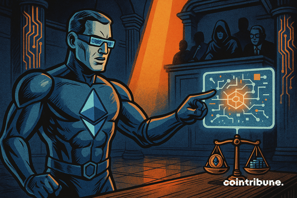 Ethereum personificado como um advogado tecnológico futurista. Ele está no banco das testemunhas.