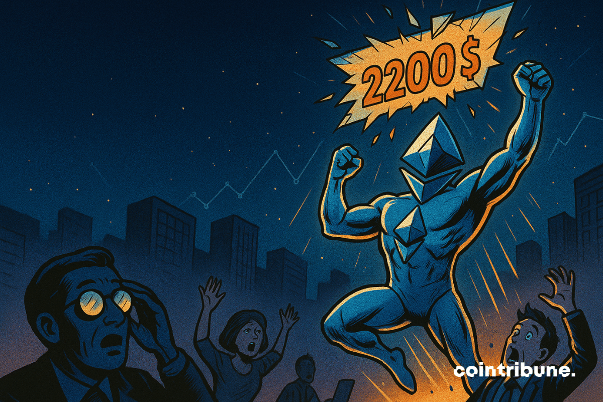 Ethereum personificado como um super-herói esguio.