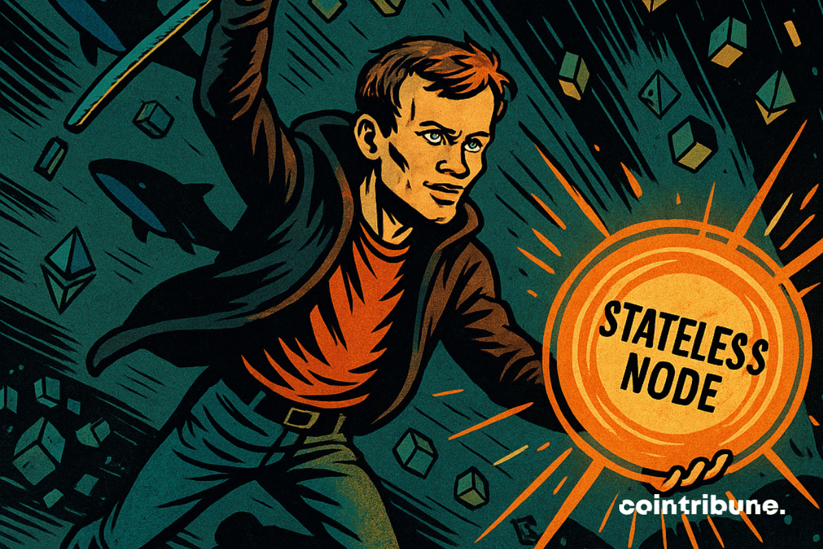 Vitalik Buterin segurando uma bandeira em forma de nó sem estado, simbolizando o futuro descentralizado do Ethereum.