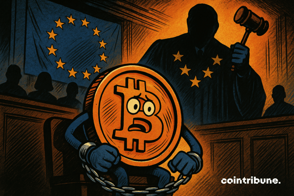 Representação de um bitcoin antropomorfizado, algemado e visivelmente preocupado
