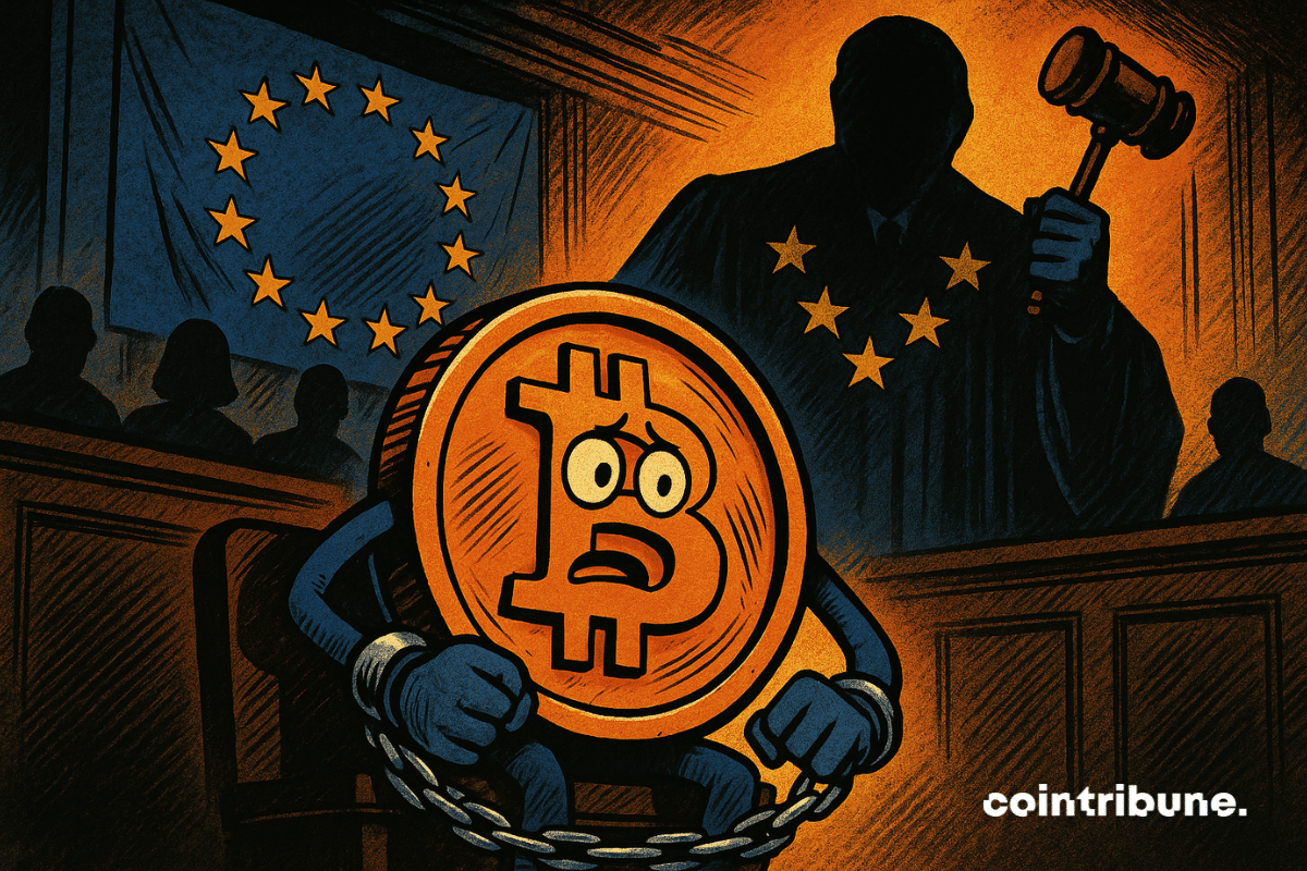Representação de um bitcoin antropomorfizado, algemado e visivelmente preocupado