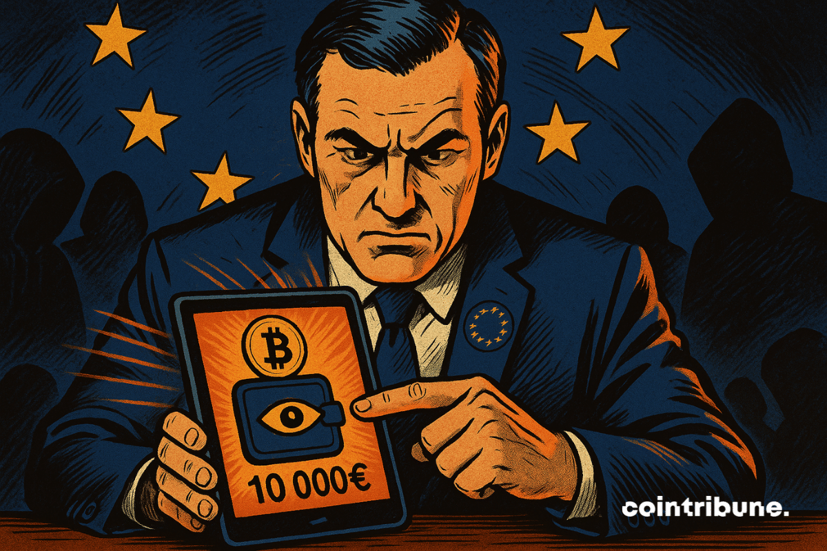 An inspector points to a digital screen displaying a crypto wallet labeled "€10,000" and a surveillance symbol.