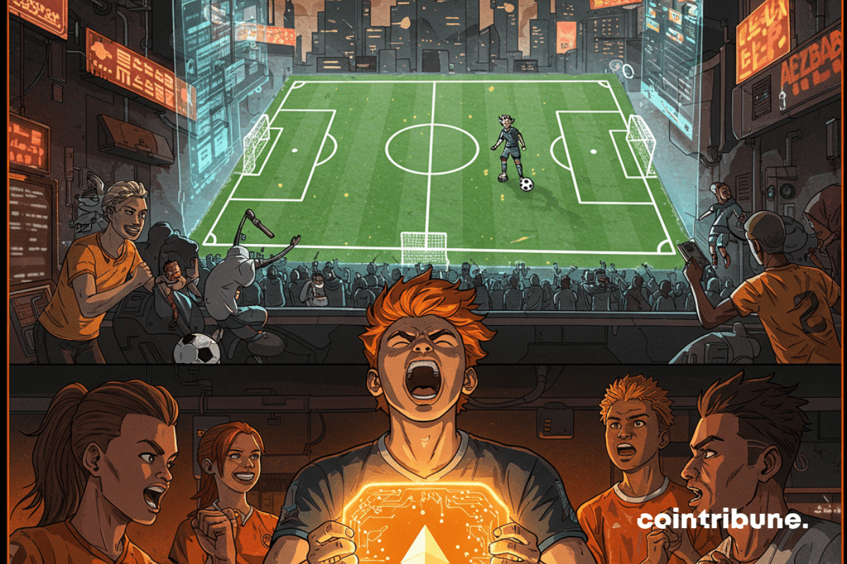 Uma ilustração do entusiasmo palpável pela integração dos NFTs da Ethereum no futebol virtual da FIFA ilumina a multidão.