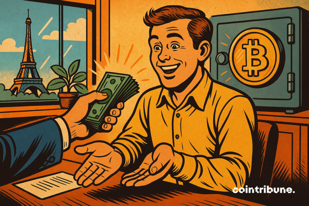 Indivíduo aceitando notas de euro, atrás dele há um cofre de bitcoin
