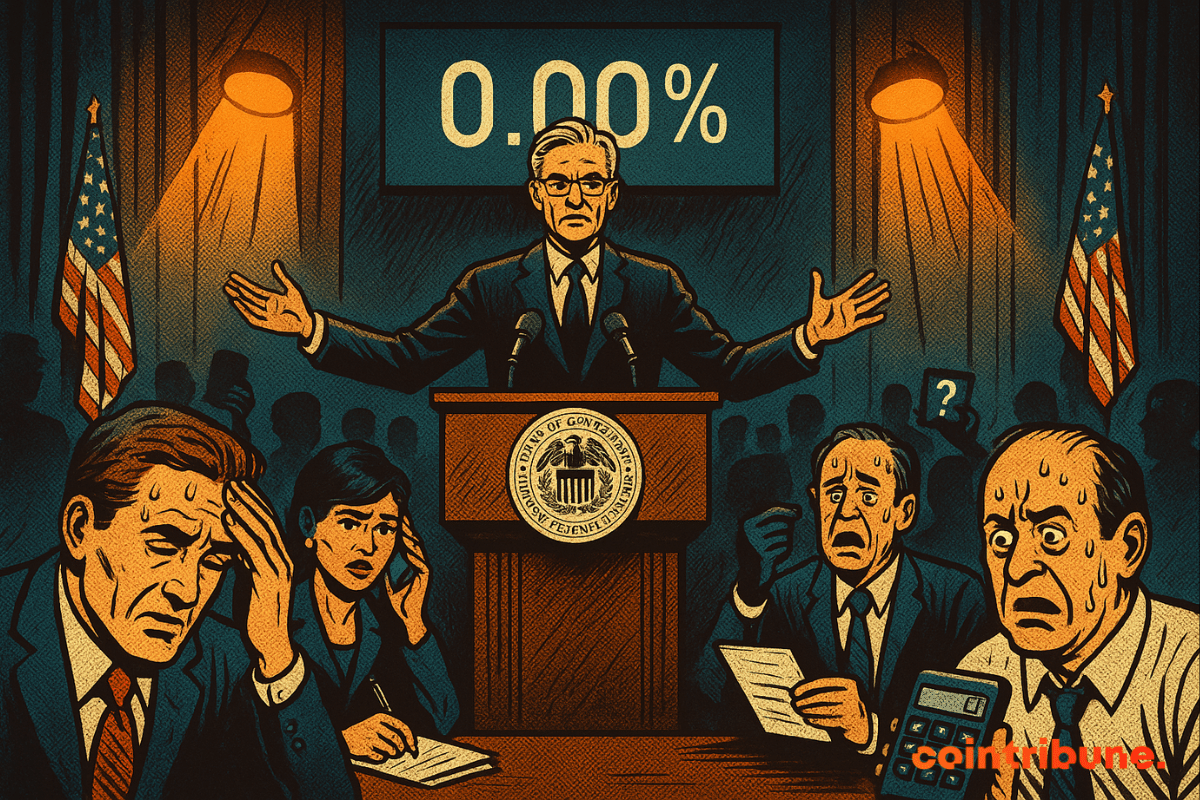 Jerome Powell, impassível, de terno escuro, braços abertos sobre um púlpito adornado com o selo oficial do Fed, pronuncia um discurso que congela uma multidão de investidores tensos — alguns sentados, outros em pé, alguns anotando freneticamente, outros segurando a cabeça ou suando.