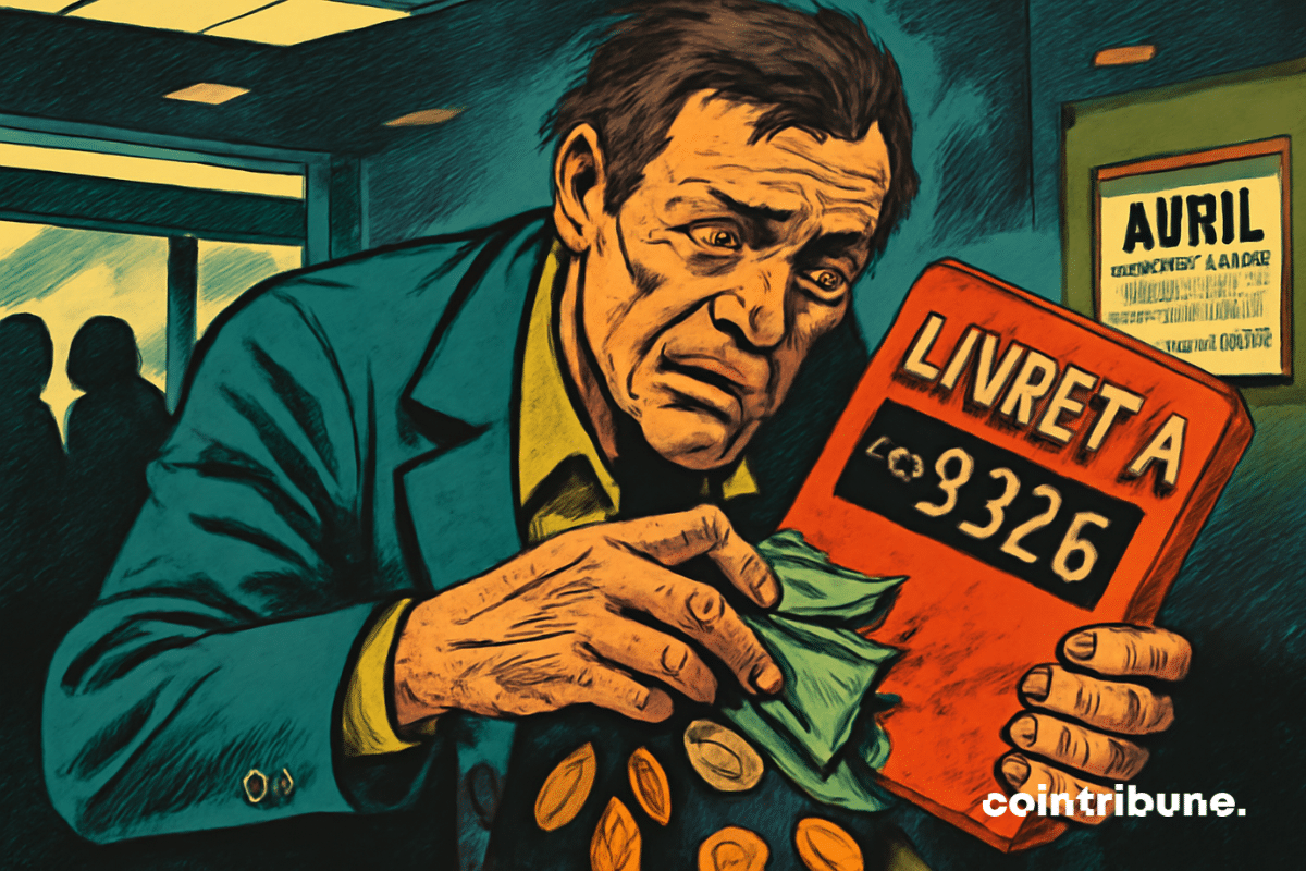 Ilustración de un hombre de mediana edad con expresión preocupada sosteniendo una libreta de ahorros Livret A