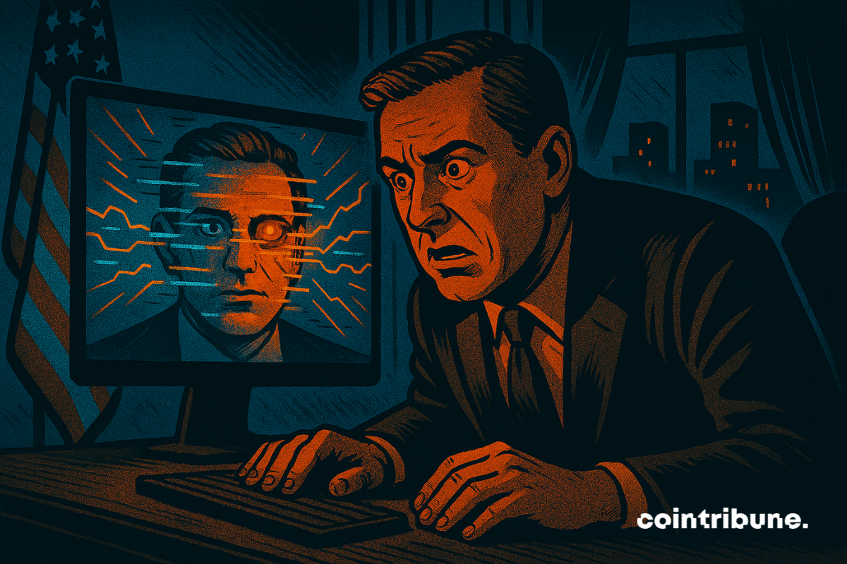 Ilustração de um funcionário do governo dos EUA sendo enganado por IA
