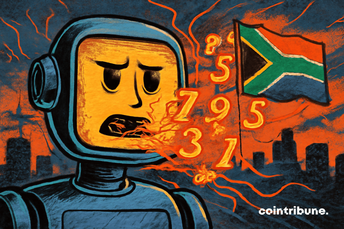 Ilustração de uma IA Um robô de rosto quadrado exibe uma expressão preocupada enquanto números brilhantes em laranja vazam de sua boca digital