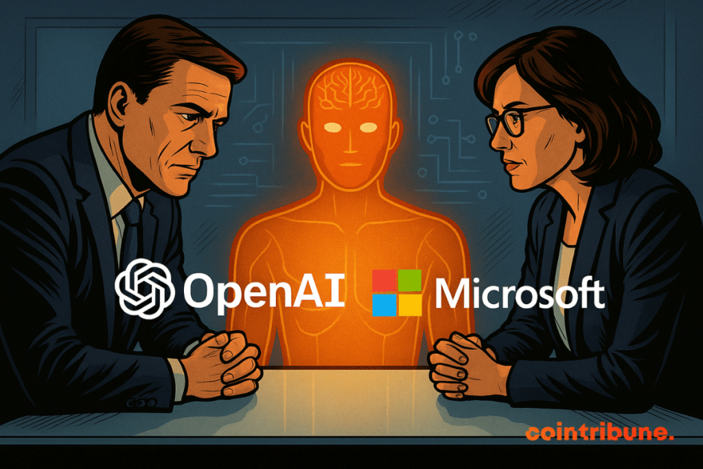 Dois indivíduos sentados frente a frente, com uma IA humanoide no meio e os logotipos da Microsoft e da OpenAI