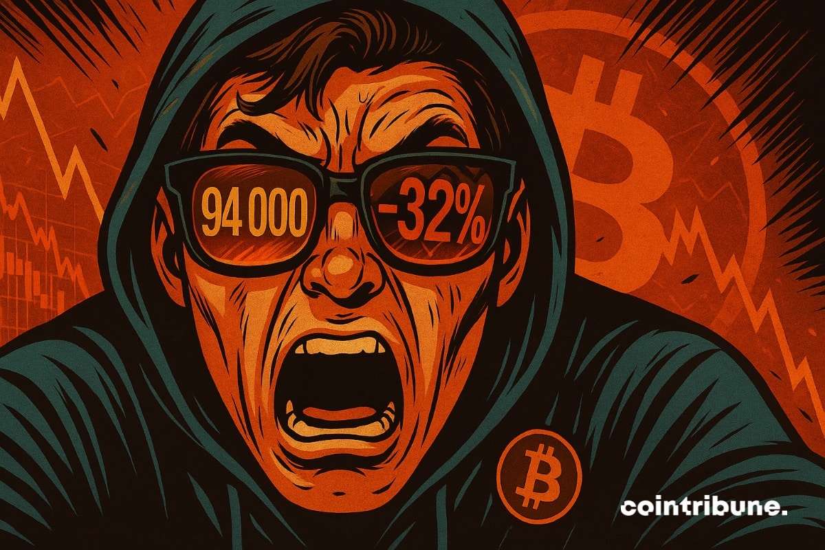 Um investidor de bitcoin em frente a gráficos de queda do BTC em US$ 94.000.