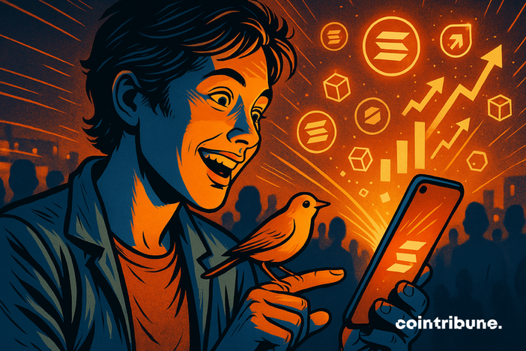 Joven inversor asombrado por un smartphone rodeado de varios símbolos, entre ellos un pájaro y un logotipo de Ethereum.