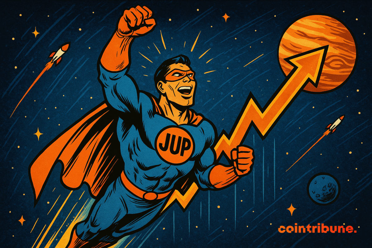 Um super-herói com “JUP” no peito voa pelo espaço com uma flecha ascendente, simbolizando os fortes ganhos de mercado de Júpiter, cercado por estrelas e foguetes.