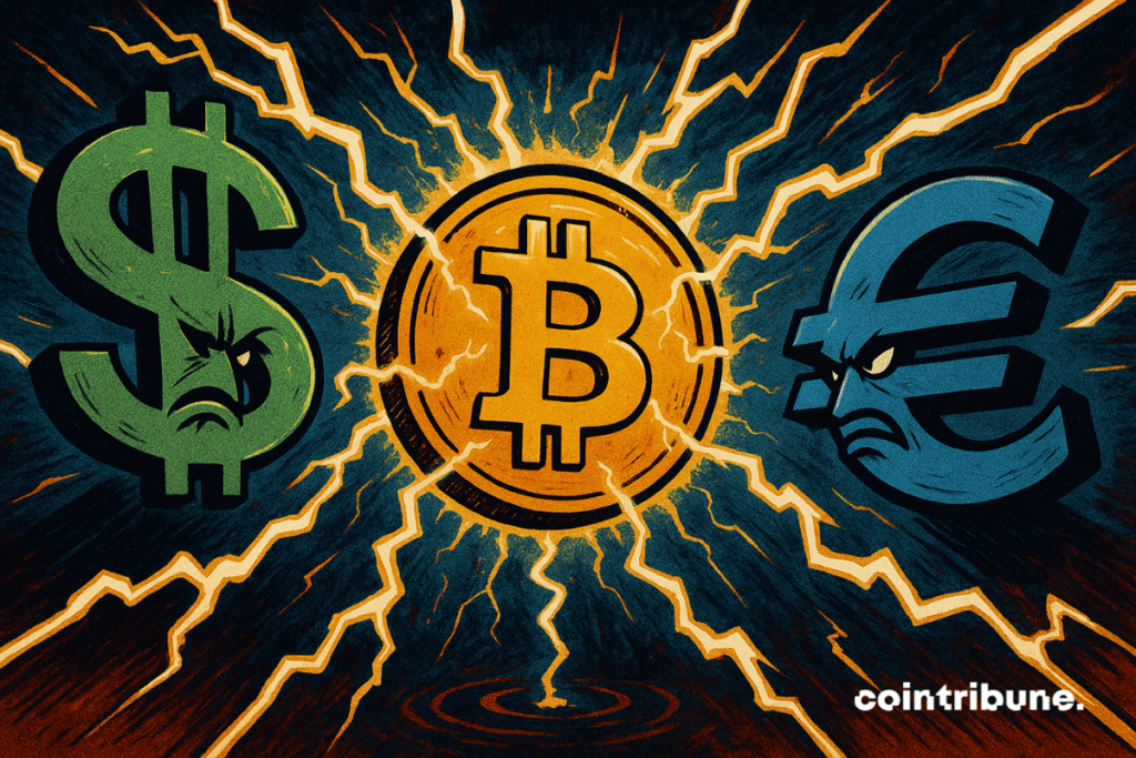A imagem retrata um intenso confronto entre os símbolos do dólar ($), do euro (€) e do bitcoin (₿), estilizados no estilo dos quadrinhos dos anos 1970. O bitcoin, um pouco maior no centro, cercado por raios, irradia uma luz dourada dominante. O dólar à esquerda (verde) e o euro à direita (azul-escuro) exibem expressões hostis, enfatizando a rivalidade. O fundo tempestuoso e os raios reforçam a atmosfera de tensão monetária.